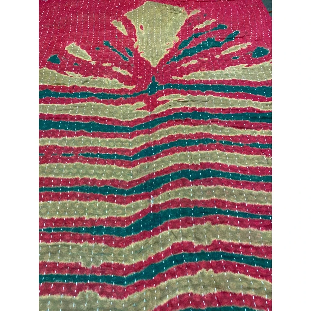 Kantha Quilt Reversible Hand Stitched Cotton Patchwork Throw Blanket Red Boho